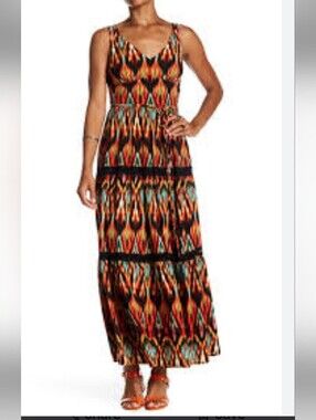 London Times Black, Orange & Teal Ikat Maxi Dress